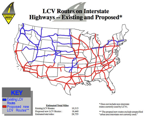 Map of LCV Routes on interstate highways