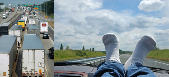 Trucks clogging road compared to open road